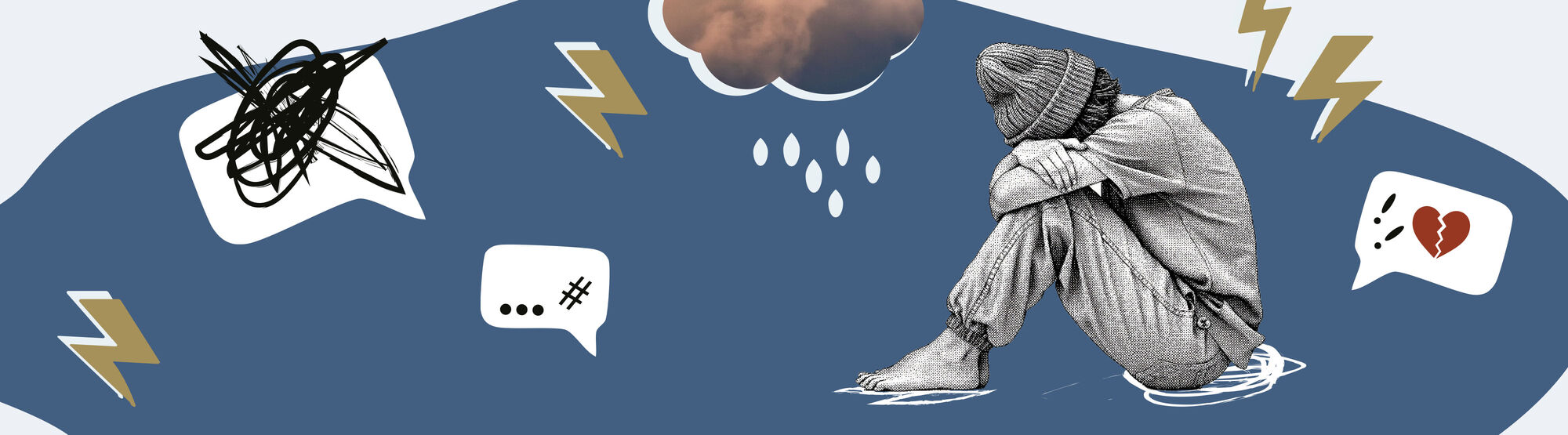 Eine Bildcollage mit einem traurigen Jugendlichem im Fokus.